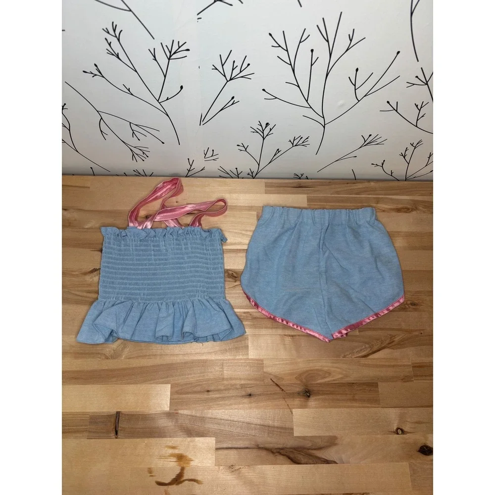 Vintage King Kole Girls Blue Pink Heart Smocked Top Shorts Set Size 5 Miami Made